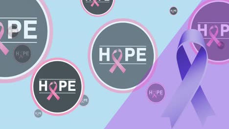 Animation-of-hope-in-circles-with-ribbon-over-blue-and-violet-background