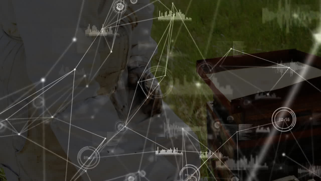 Male beekeeper lifting hive frame in grassy apiary, displaying technology nodes, bar-chart overlay