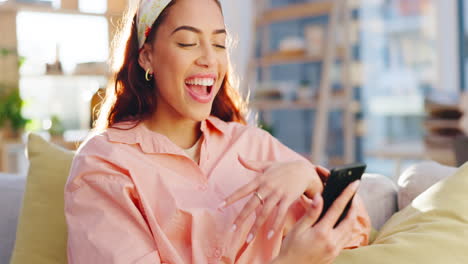 video call, phone and woman laugh at home