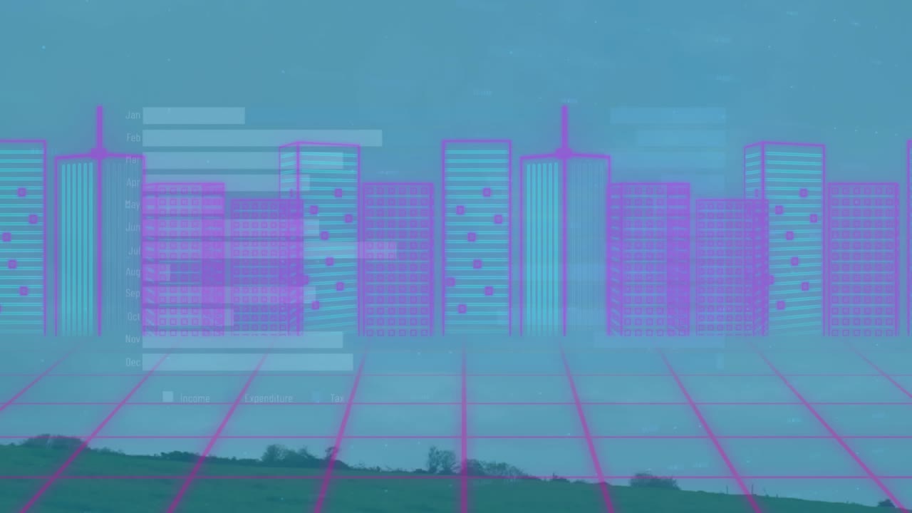 Animation of clouds, icons and graphs over metaverse city and wind turbine