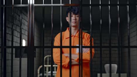 아시안 남성 수감자가 감옥에 서서 머리를 들고 팔을 고 카메라를 바라보고 있습니다.