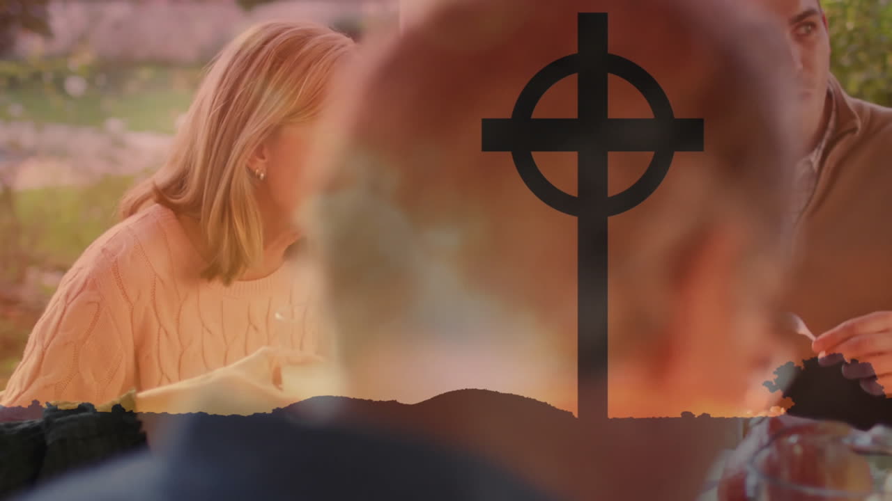 In school, children watching animation of cross symbol overlaying dining scene