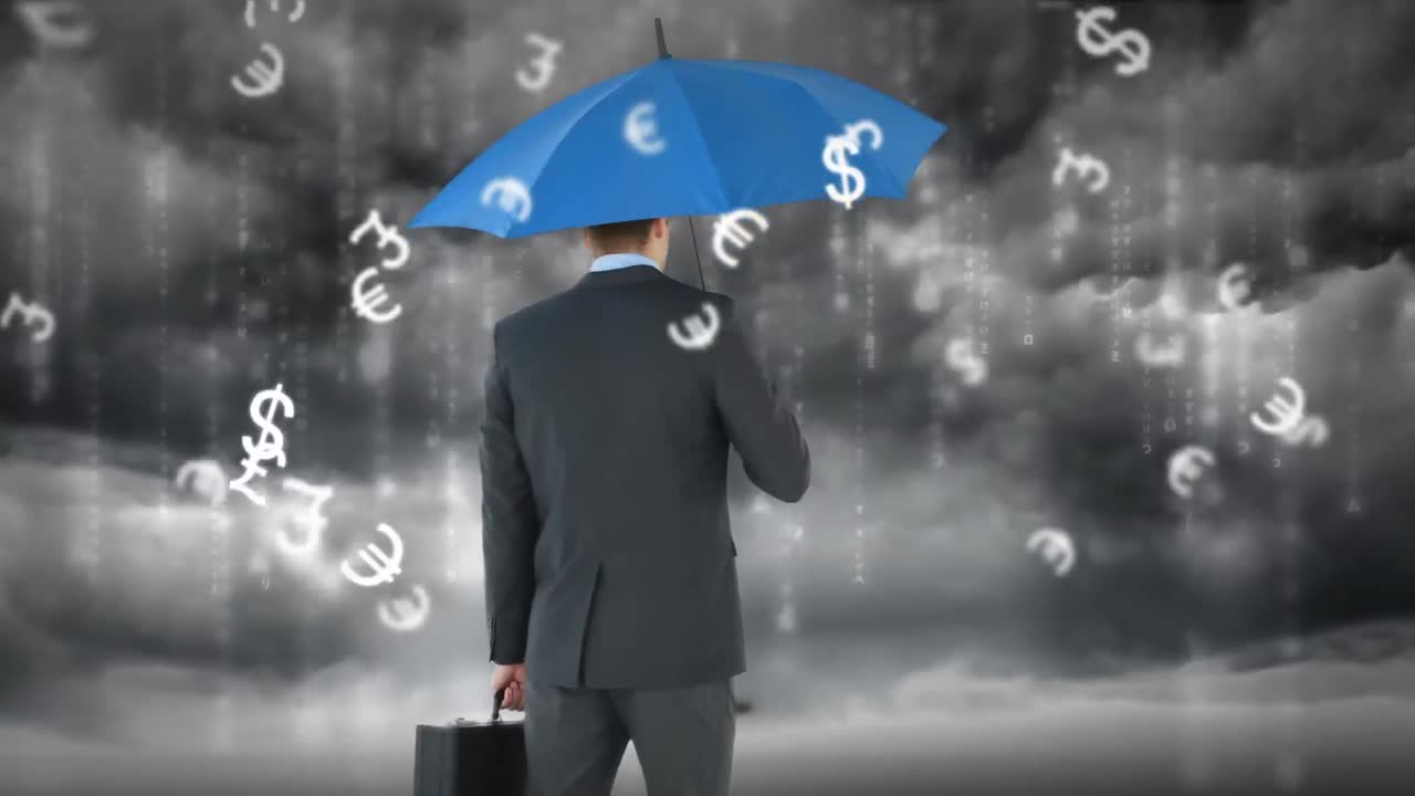 우산을 들고 있는 사업가 의 뒷면