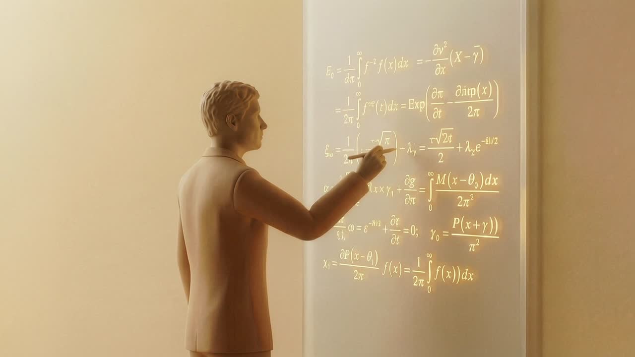 3D Rendered Man Pointing at Glowing Mathematical Equations
