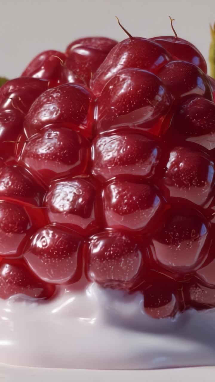 Close-Up of Juicy Raspberries with Glossy Surface and Creamy Base, Showcasing Their Textures and Colors for a Deliciously Appealing Presentation