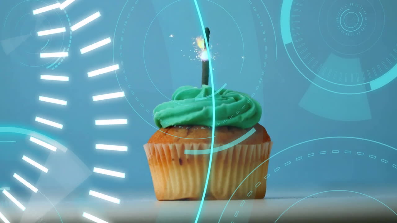 Cupcake with green frosting and candle surrounded by 5G technology animation