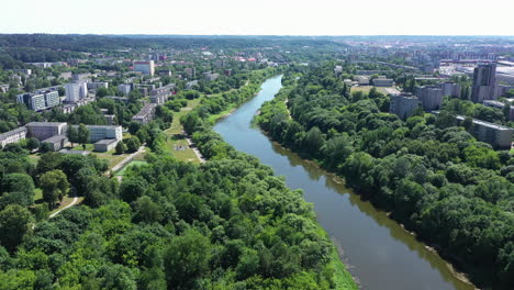 aerial: follow shot of river bights with visible buildings on each side of river