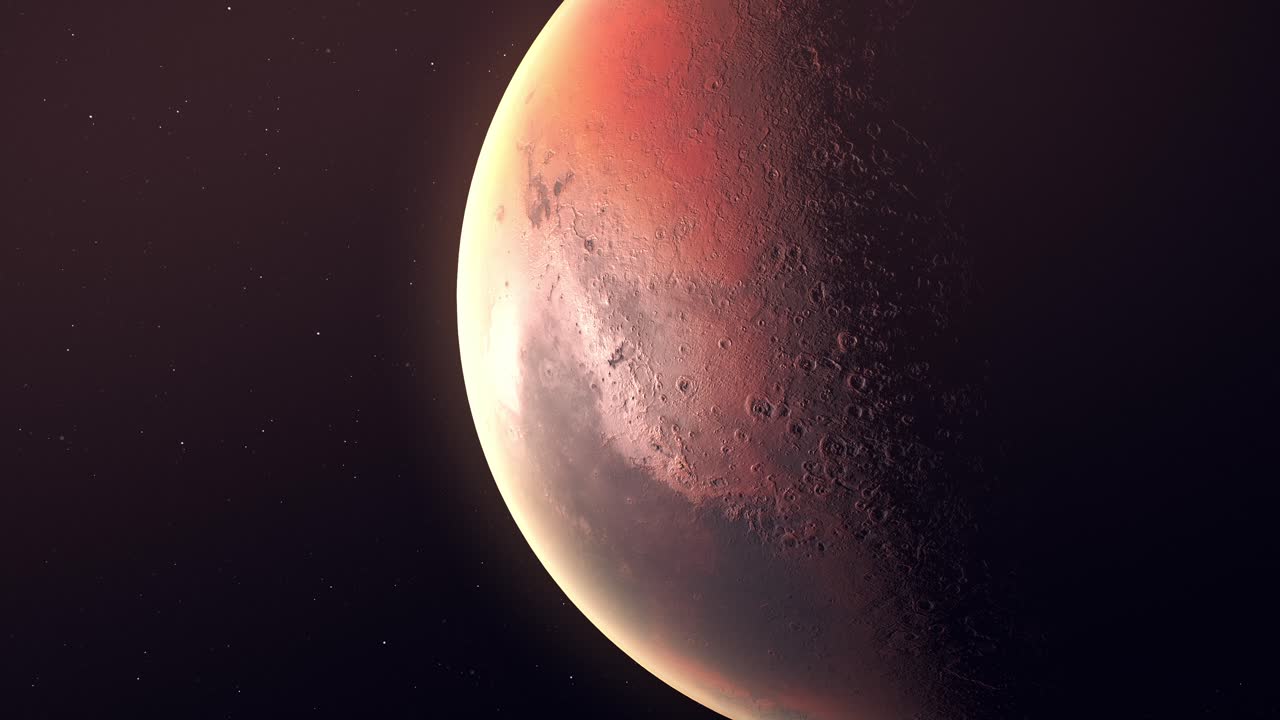 Red Planet Mars Detailed Surface With Stars In Background - close up