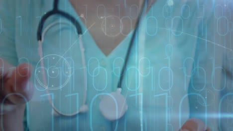 animación del procesamiento de datos de codificación binaria sobre una doctora que usa una tableta