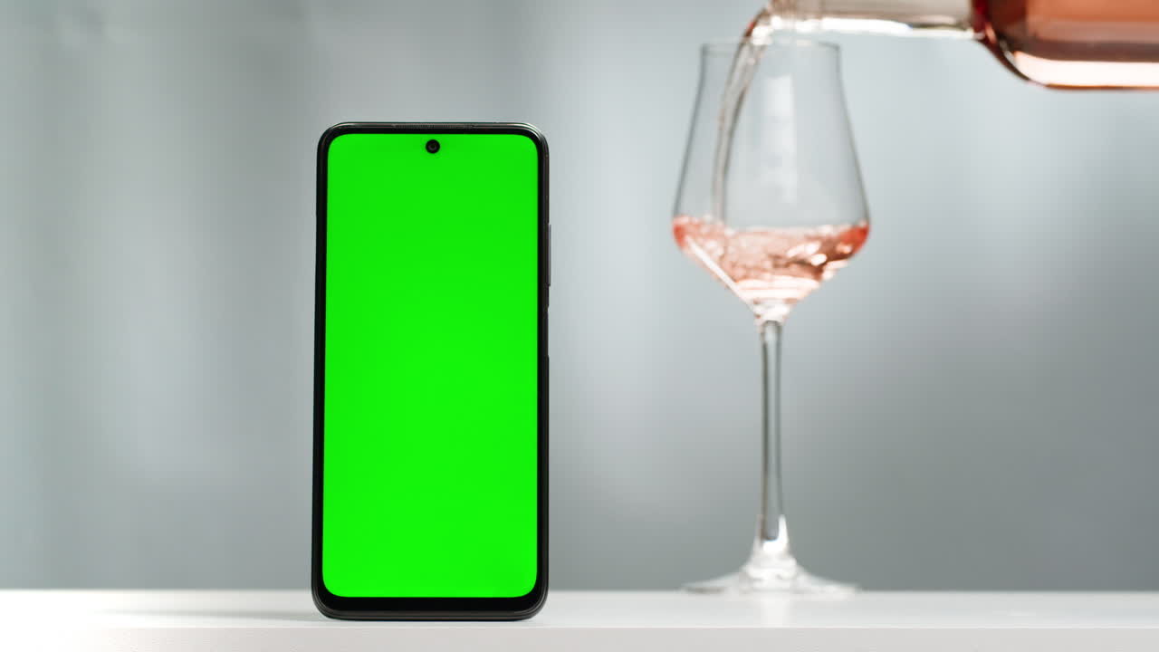 Rose Orange or white wine bottle and glass with chroma key green screen phone smartphone, application app, pouring of ecological natural wine. Cheers, hands with wine glasses, drinking alcohol.