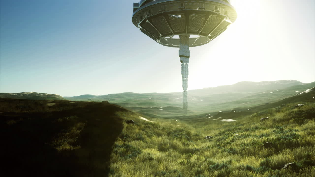 Mysterious alien ship hovers above vibrant green landscape during dawn