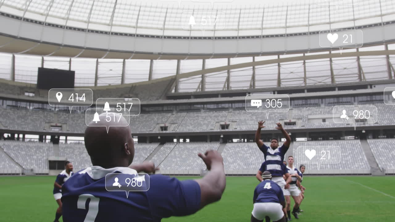 Engaging with social media animation, rugby players in stadium playing match