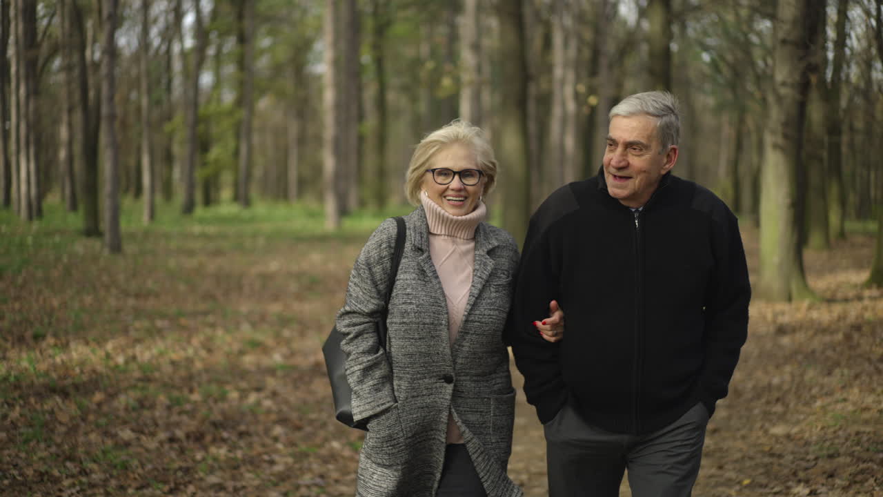 Elderly couple walking in the autumn forest