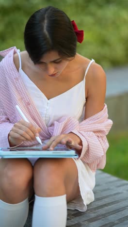 young woman drawing on a tablet in a park