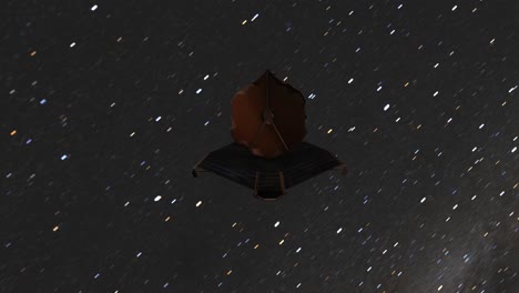 Zeitraffer-James-Webb-Weltraumteleskop-Jwst-Bewegt-Sich-In-Richtung-Kamera-Mit-Sich-Schnell-Bewegender-Milchstraße-Galaxie-Sterne-Hintergrund---3D-CGI-Animation-4k