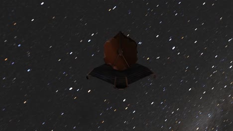 timelapse james webb telescopio espacial jwst moviéndose hacia la cámara con el fondo de estrellas de la galaxia de la vía láctea en movimiento rápido - animación 3d cgi 4k