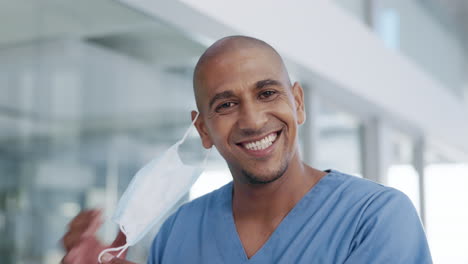 happy, face and a doctor removing mask for end