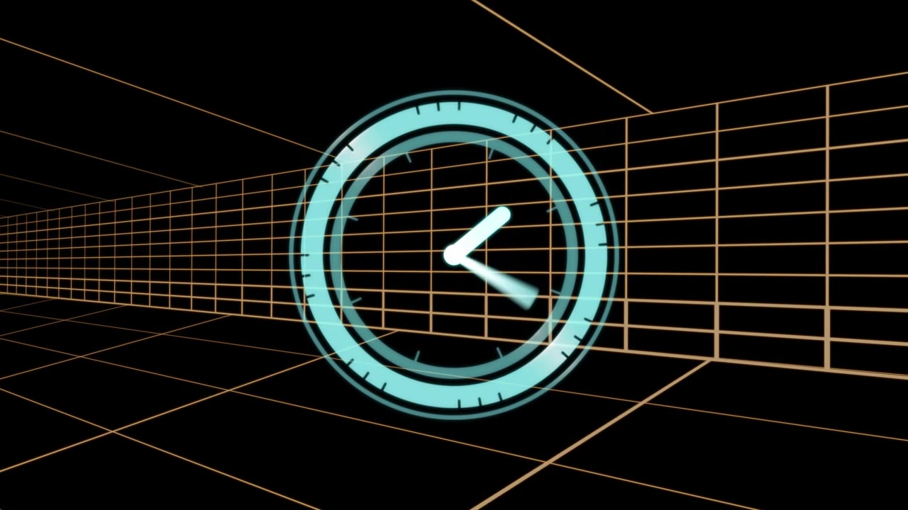 HUD clock emerging over grid corridor, causing rotating rings, collapsing hands, showing tech time