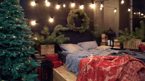 christmas interior with new year tree before celebration. studio for photosession.