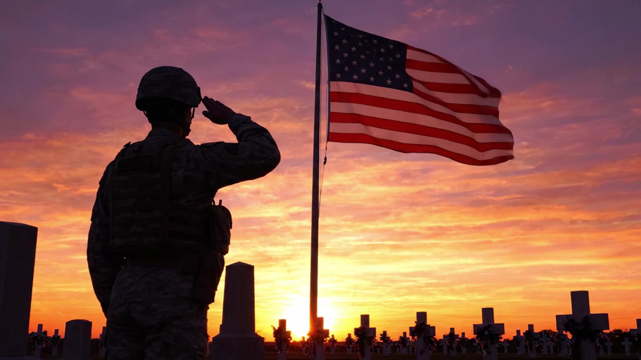 Un Solenne Tributo: Un Soldato Saluta la Bandiera Americana al Tramonto tra le Lapidi, Onorando Coloro che Hanno Fatto il Sacrificio Supremo per la Libertà