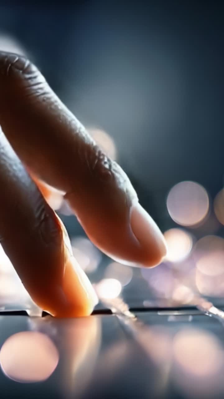 Un primo piano di un dito che tocca delicatamente una superficie luminosa, circondato da luci bokeh soffuse e luminose che creano un'atmosfera incantevole e sognante.