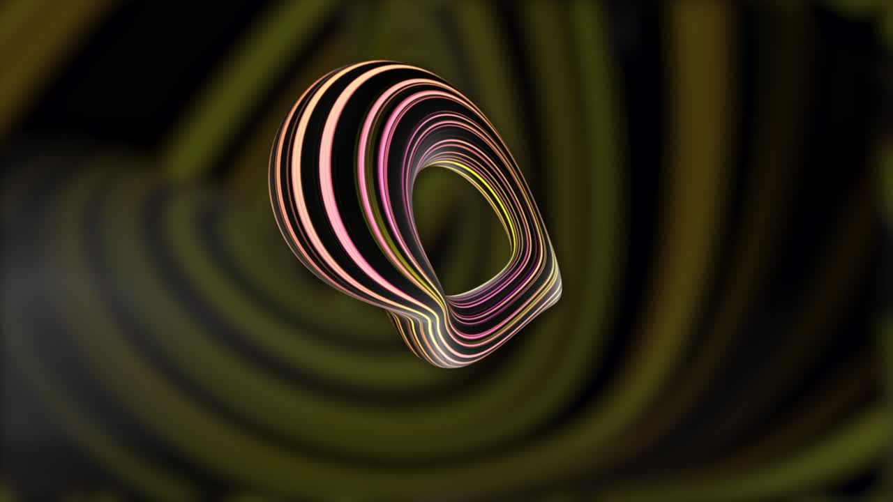 otating 3D circle on the background of a striped yellow and black corridor. Motion. Moving curvy dynamic irregular shape resembling an o letter, seamless loop