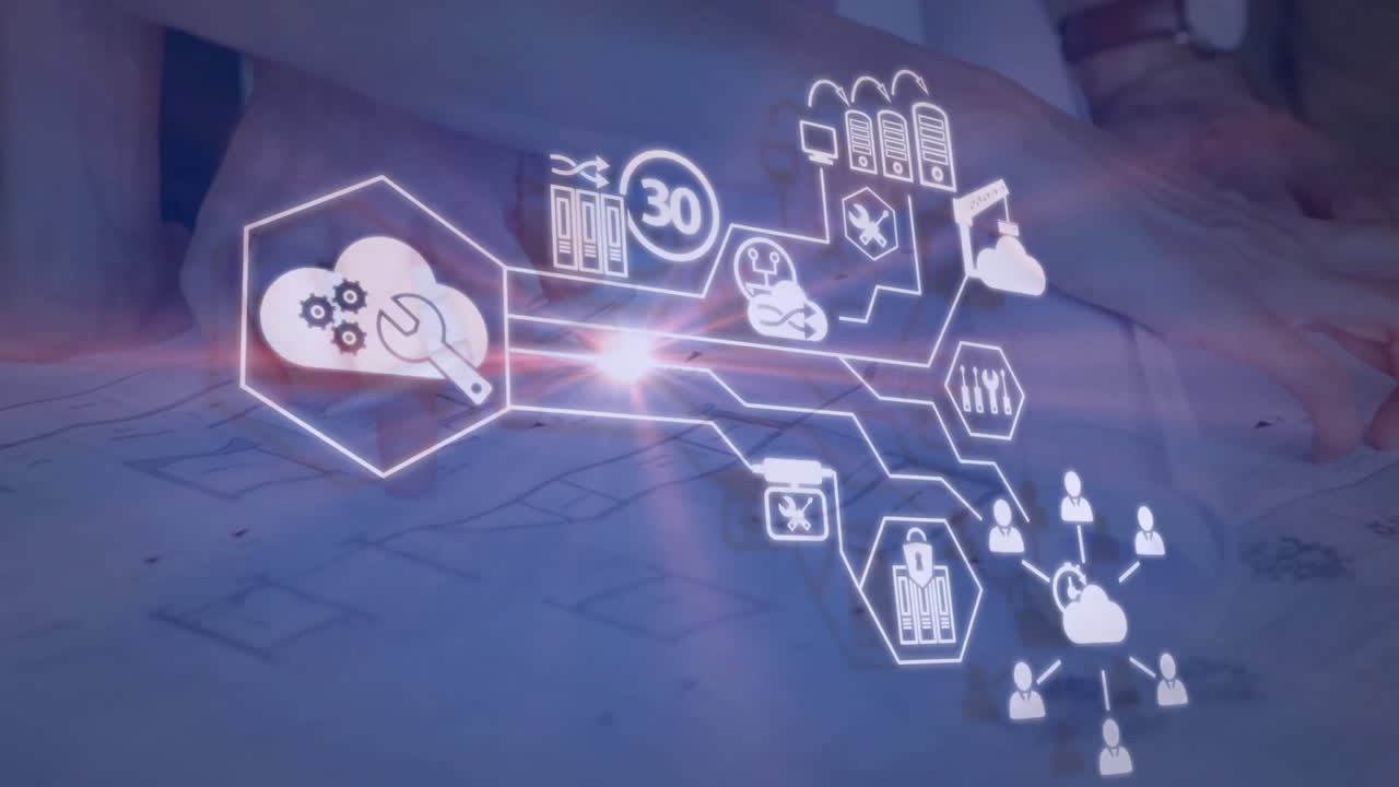 animación de la nube y la red de iconos sobre diversas personas de negocios en la oficina