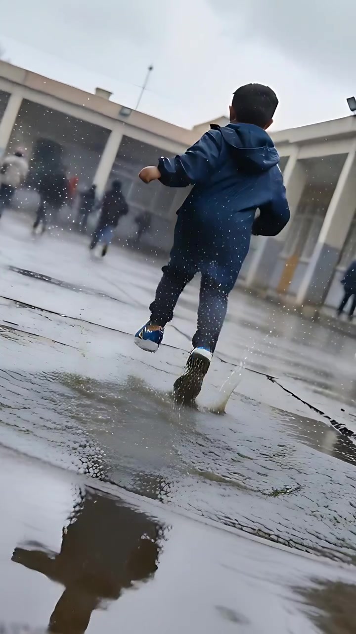 Video verticale: Un piede colpisce una pozzanghera, un ragazzo con il cappotto blu corre verso le colonne della scuola, schizzando un gruppo.