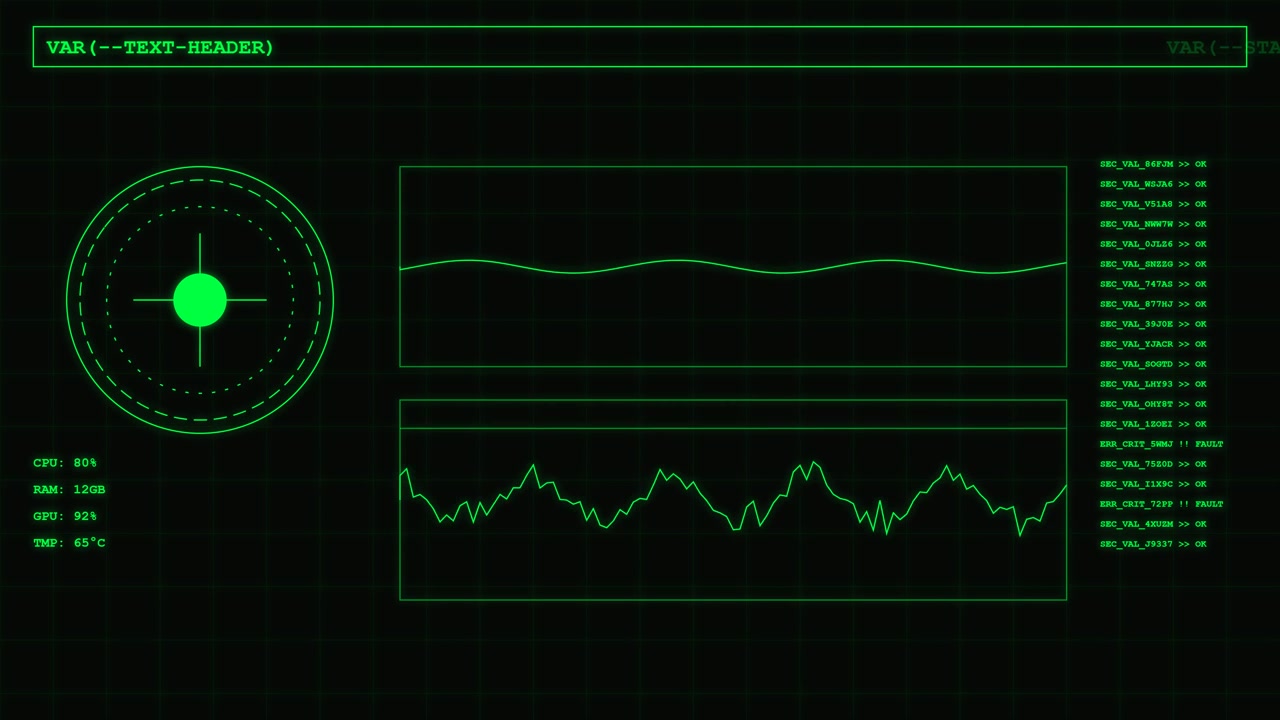 Antarmuka HUD Digital dengan Bentuk Gelombang Osiloskop dan Data Sistem