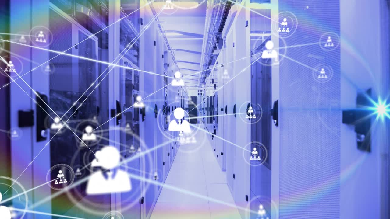 Faint avatar emerging triggers avatars linking and expanding across server corridor, mapping teams