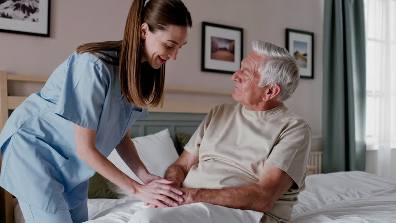 A caregiver assisting an elderly man in a bedroom