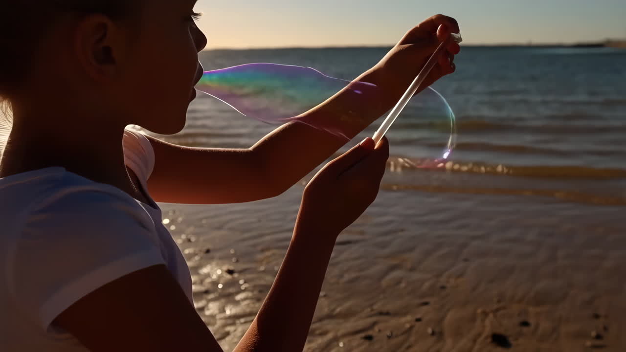 Girl blowing bubbles on the beach