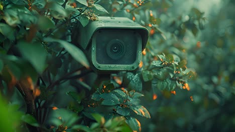 security camera hidden in lush green foliage