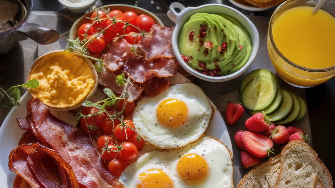 Fried eggs, bacon, tomatoes, and scrambled eggs on a plate, surrounded by bowls of avocado, sliced cucumbers, strawberries, toast, and a glass of orange juice, create a vibrant breakfast spread