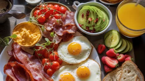 fried eggs, bacon, tomatoes, and scrambled eggs on a plate, surrounded by bowls of avocado, sliced cucumbers, strawberries, toast, and a glass of orange juice, create a vibrant breakfast spread
