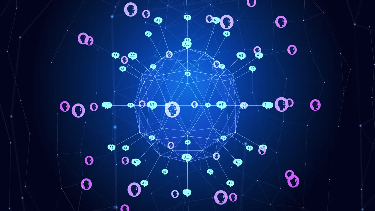 Animation of globe with connections and icons over blue background