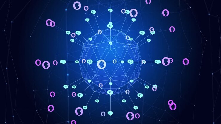 Animation of globe with connections and icons over blue background