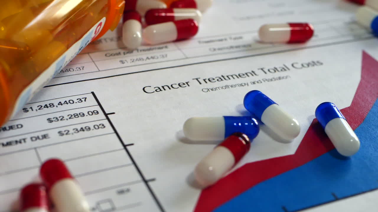 Cancer drug pills falling in slow motion on a prop medical insurance form showing high cost of treatment