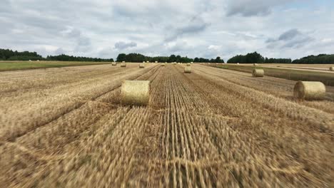 discover the captivating allure of straw bales from above as the drone glides gracefully