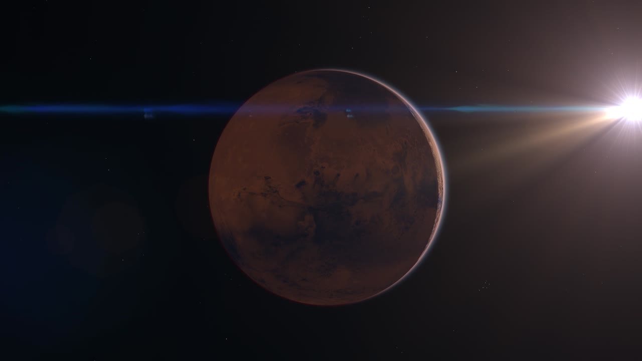 Mars Planet Rotating in the outer space.. Orbiting Planet Mars. Traveling to the red planet Mars in space. Elements of this video furnished by NASA.