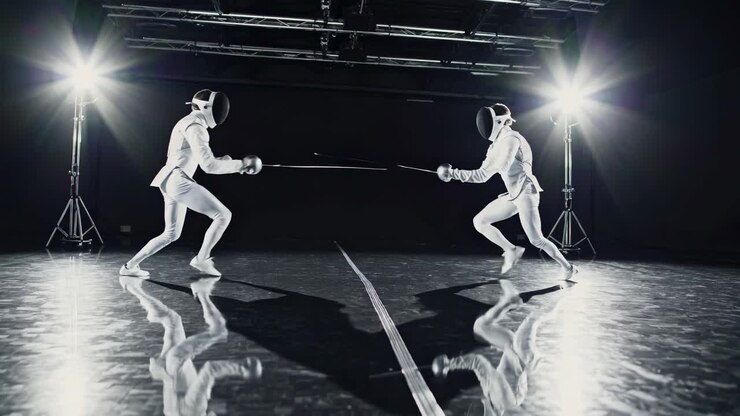 Dynamic video still of two fencers in action, captured from a low angle