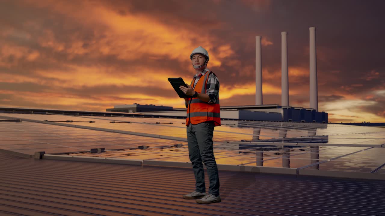 Full Body Side View Of Asian Male Engineer With Safety Helmet Looking At The Tablet In His Hand And Looking Around While Standing, Inspecting Solar Panels on Rooftop at Sunset