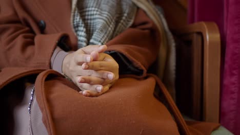 close-up of a woman's hands sitting in a brown coat