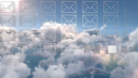 animation of envelope digital icons over clouds and sky