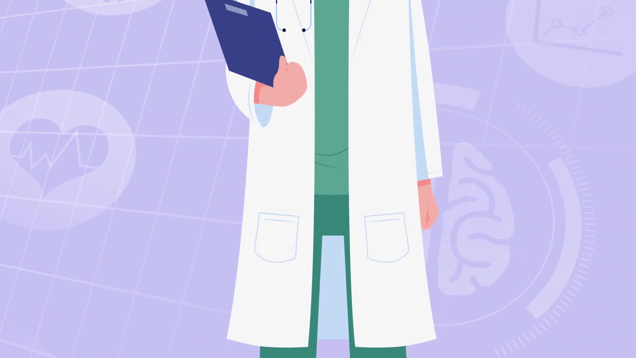 Animation of doctor wearing face mask icon over digital icons on purple background