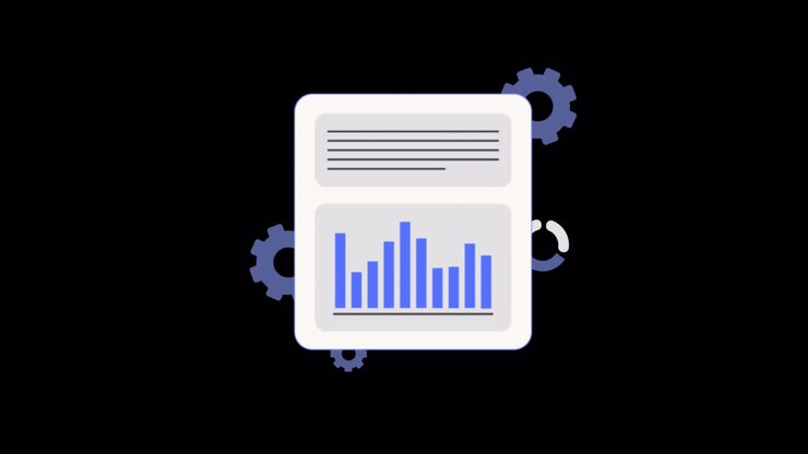 Animated Report Document with Gears and Bar Chart