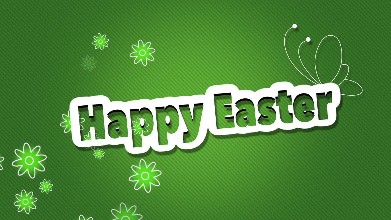 Buona Pasqua con fiori svolazzanti e farfalla su sfondo sfumato verde