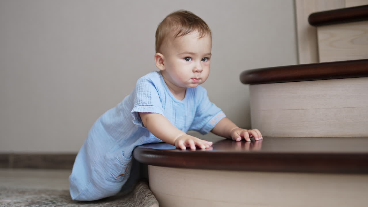 Little smart baby in blue romper plays nearby the stairs. Adorable healthy Caucasian child indoors being active.