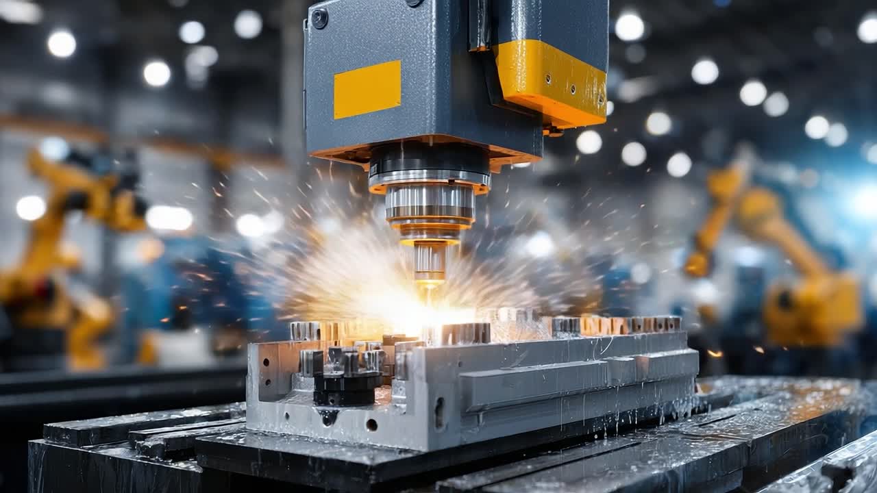 High-Tech Machining: Precision Metal Cutting Process in a Modern Industrial Environment with Sparks and Lubricant Fluid on a Manufacturing Component