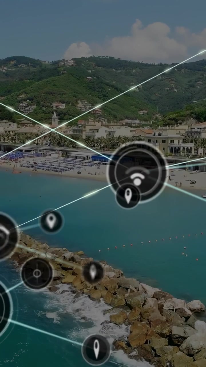 Vídeo vertical: HUD tecnológico aparecendo sobre a costa de um resort, anéis pulsantes e mapeando a conectividade Wi-Fi.